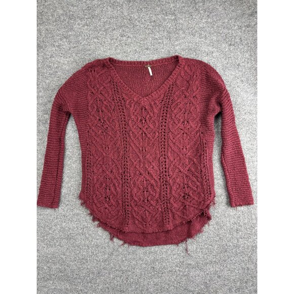 Free People Sweaters - Free People Sweater Womens XS Burgundy V Neck Distressed Knit Pullover Boho